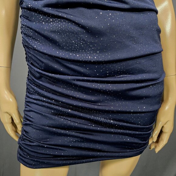 Y2K Mini Dress Size M Dark Blue Glitter One Shoulder Ruched Silver Buckle Fairy - Picture 4 of 9